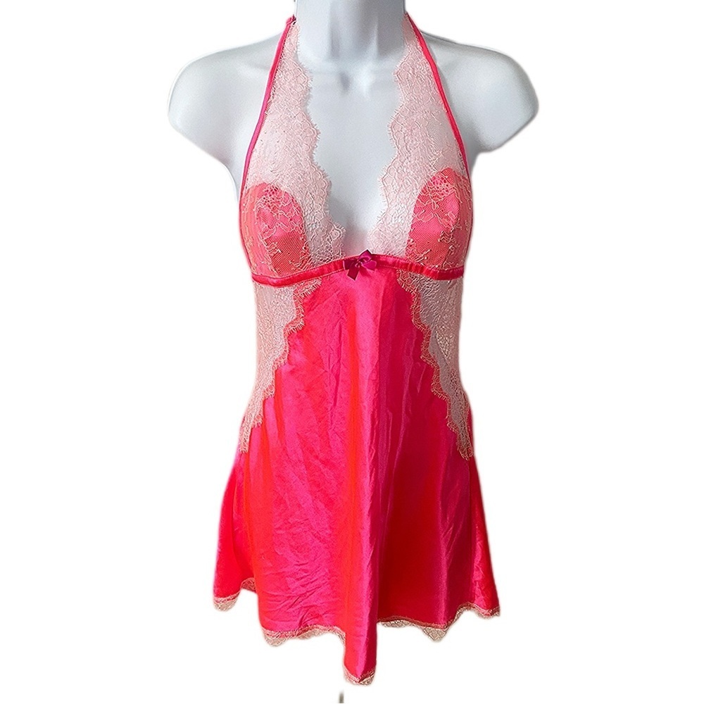 Victoria's Secret Hot Pink Babydoll Slip Dress Lace Trim Y2K Chemise Coquette M